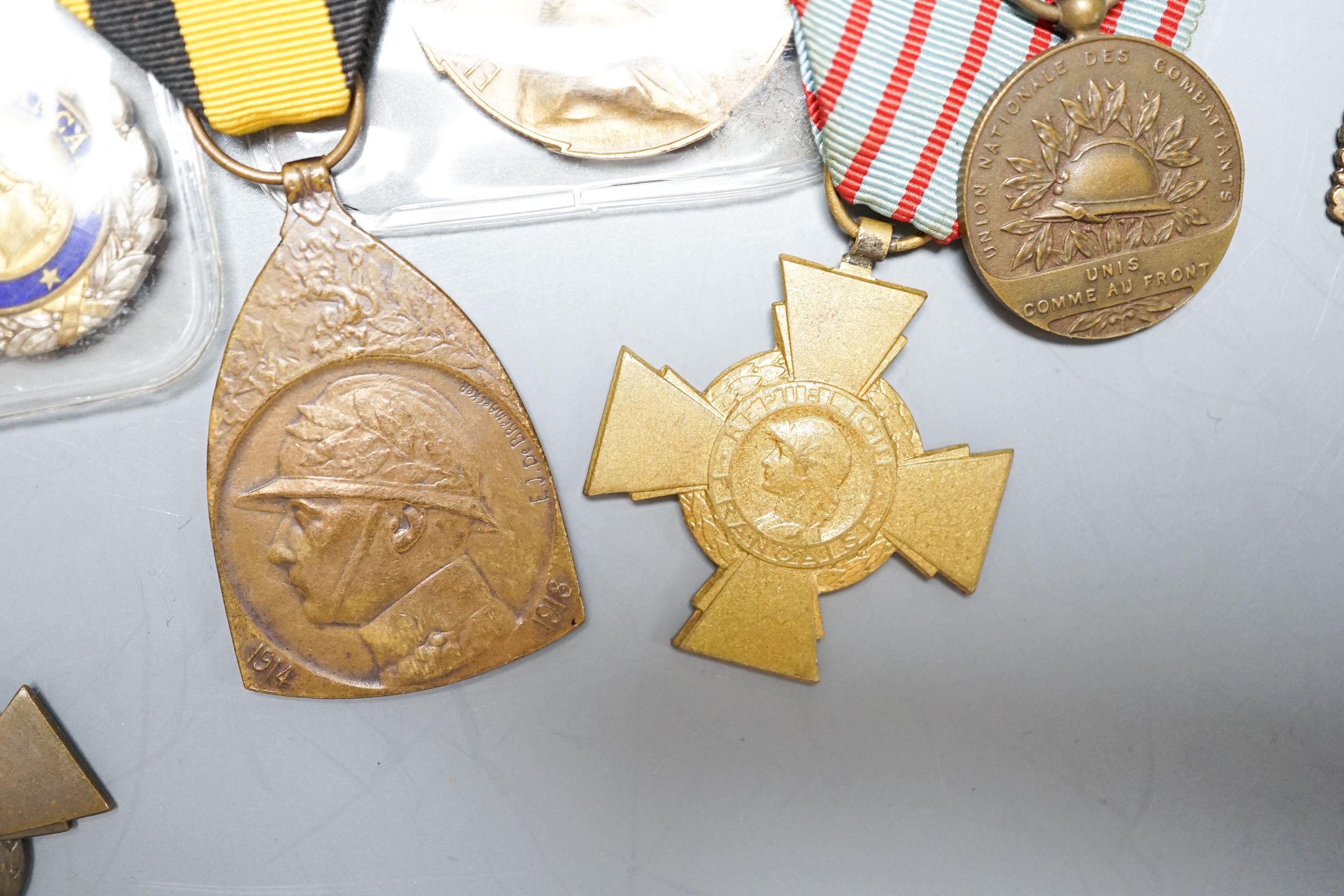 France and Belgium medals and orders - French Medaille Militaire, Croix du Combattant, Services Militaires Volontaires, Algerie commemorative medaille, two miniatures and a Belgian WWI commemorative medaille and Queen to